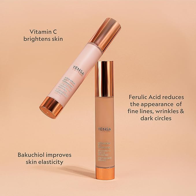 YENSA Serum Foundation Makeup - Super Silk Full Coverage Foundation Enriched with Peptides, Vitamin C & Ferulic Acid to Help Reduce Fine Lines, Wrinkles & Dark Circles - Light 2 (1 oz)