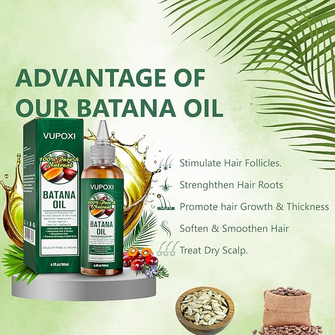 Batana Oil for Hair Growth: 5-in-1 Liquid Hair Oil Blend with Rosemary, Tea Tree, Castor, Pumpkin Seed - 180mL (6.3 fl.oz)