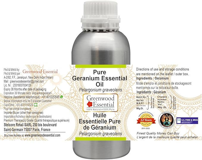 Greenwood Essential Pure Geranium Essential Oil (Pelargonium graveolens) Steam Distilled 630ml (21.3 oz)