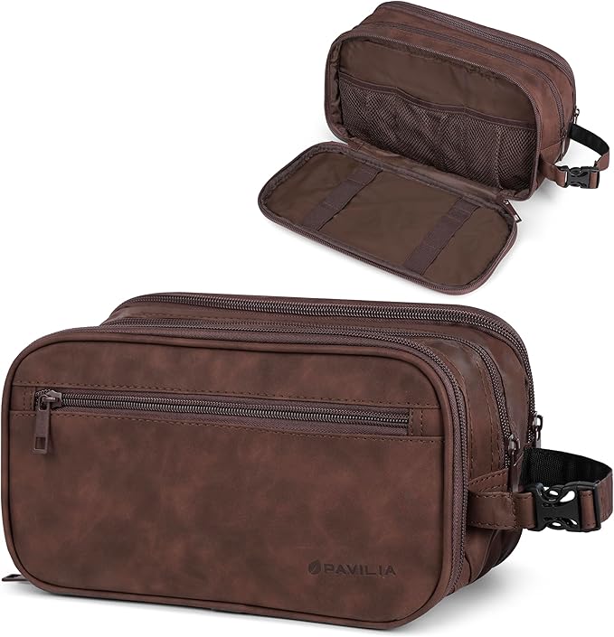 PAVILIA Toiletry Bag for Men, Travel Pouch Essentials Shaving Dopp Kit, Travel Bag Toiletries Organizer Case, Cosmetic Make Up Accessory, Water Resistant