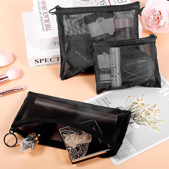 8 Pack Mini Zipper Mesh Makeup Bags, Nylon Cosmetic Bags Toiletry Purse Travel Organizer Bags Inside Bag for Office Travel Organization (Black, XS)