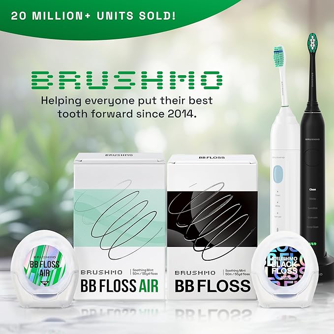 Brushmo Black Floss Air (BB Floss Air) - Ultra Soft & Thin Expanding Gum-Friendly Soothing Mint Dental Floss, Natural Wax Helps Remove Plaque from Teeth, US-Dentist Designed PTFE & PFAS Free, 55 yd