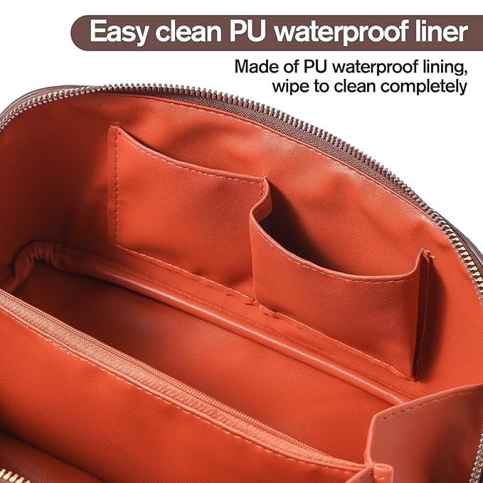 Makeup Bag, Travel Toiletry Bag for Women, Large Capacity Waterproof Crocodile Pattern PU Leather Cosmetic Bags Make Up Organizer Bags with Headband and Wristband Set (Khaki)