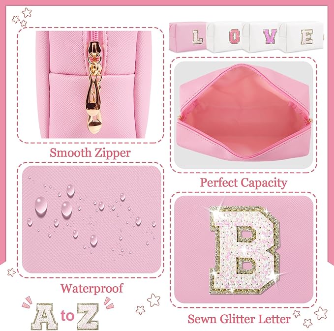 Personalized Initial Makeup Bag, Preppy Glitter Letter Patch Cosmetic Pouch, PU Waterproof Travel Toiletry Bag, Cute Makeup Organizer, Monogrammed Gift for Women Girls (Letter B)