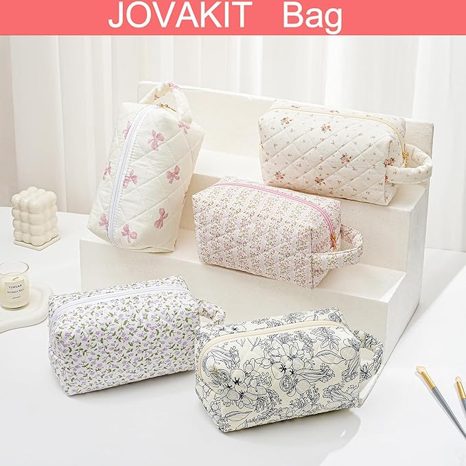 JOVAKIT Travel Makeup Bag Cosmetic Bag for Women, Christmas Gifts, Small Floral Flowers Coquette Toiletry Bag with Handle, Zipper Make Up Pouch Organizer Bag Trendy Stuff (Pink Floral)