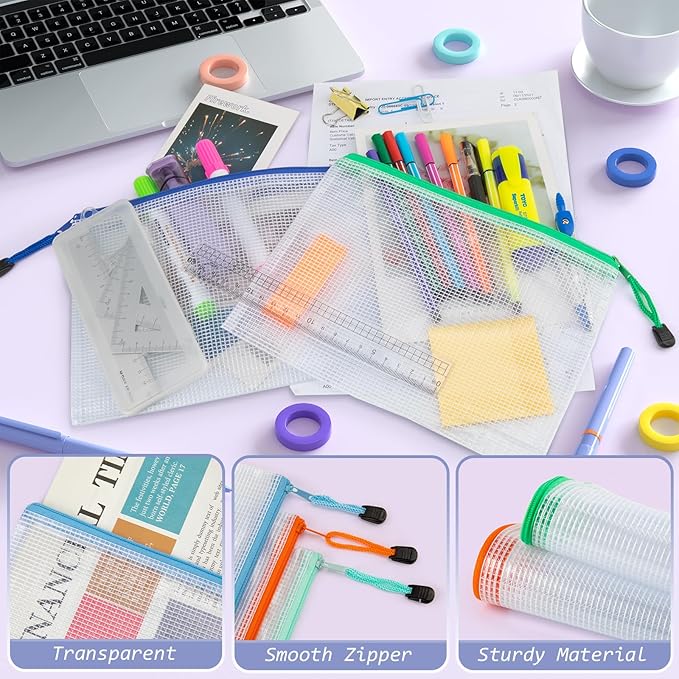 Umriox 24 Pack 12 Colors Small Zipper Pouch, 9.5" x 7.1"/A5 Size Mesh Bags with Zipper, mesh Bags for Puzzles Board Games and Office Supplies Travel Accessories