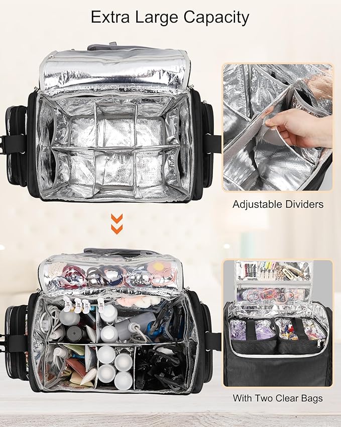 Relavel Rolling Makeup Train Case with 6 Pcs Clear Makeup Bags, Hairstylist Traveling Bag with 4 Wheels, Heat Insulation Full Layer, Adjustable Dividers, Hair Tools and Cosmetics Storage Organizer