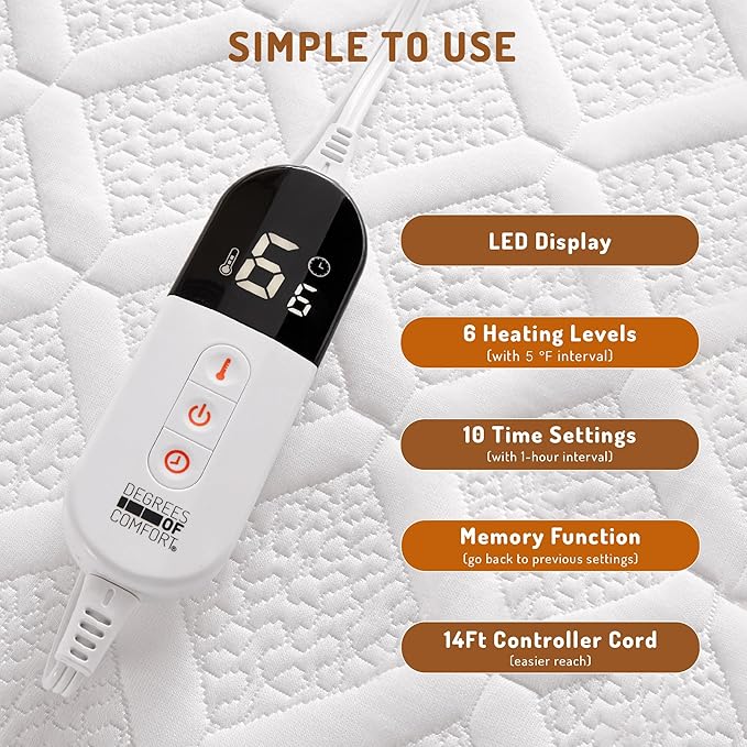 Full Size Heated Mattress Pad - Degrees of Comfort Electric Bed Warmer with Single Controller, 6 Heating Levels, 10-Hour Auto Shut-Off, Breathable Air-Layer, 54"x75"