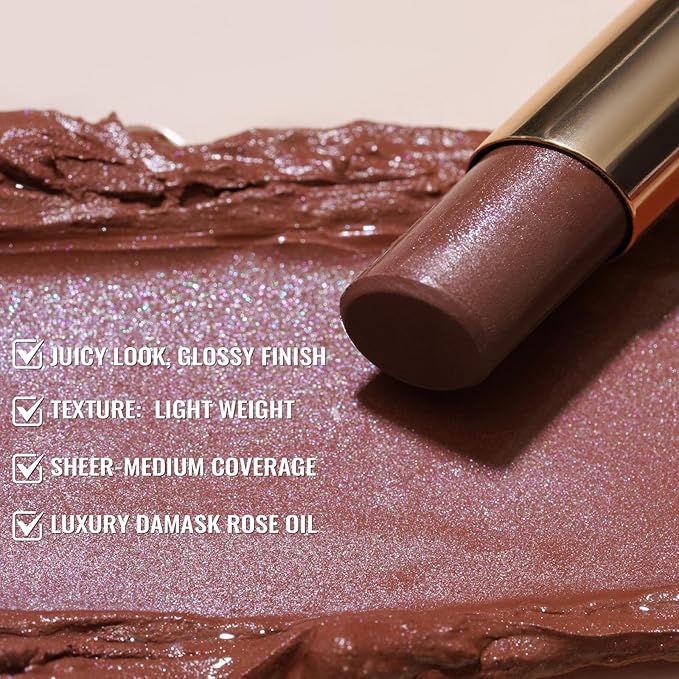 Oulac Moisturizing Shine Brown Red Lipstick for Women - 2 in 1 Glossy Brown Tinted Lip Balm, Hydrating Winter Lipstick for Dry Lips,Shine Juicy Finish Vegan 2.2g/0.07oz (03)
