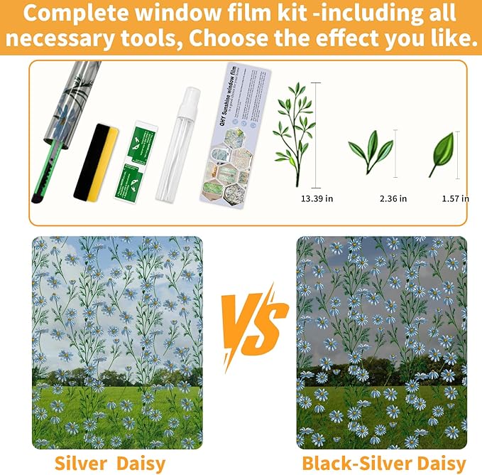 One Way Privacy Film, Window Tint for Home,Daytime Reflective, Anti UV Static Cling Sliding Door Coverings No Glue Garage Solar Paper (Silver -Daisy, 17.5 x 78.7 in)