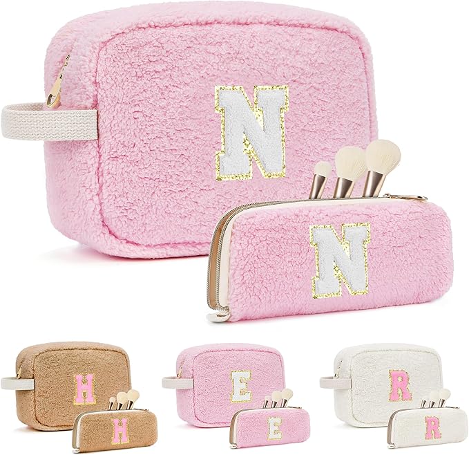 2PCS Makeup Bag with Initials, Christmas Day Gifts for Teen Girls Trendy Stuff, Personalized Cosmetic Travel Bag Pouch for Granddaughter, Cute Plush Make up Bags for Birthday - Pink N