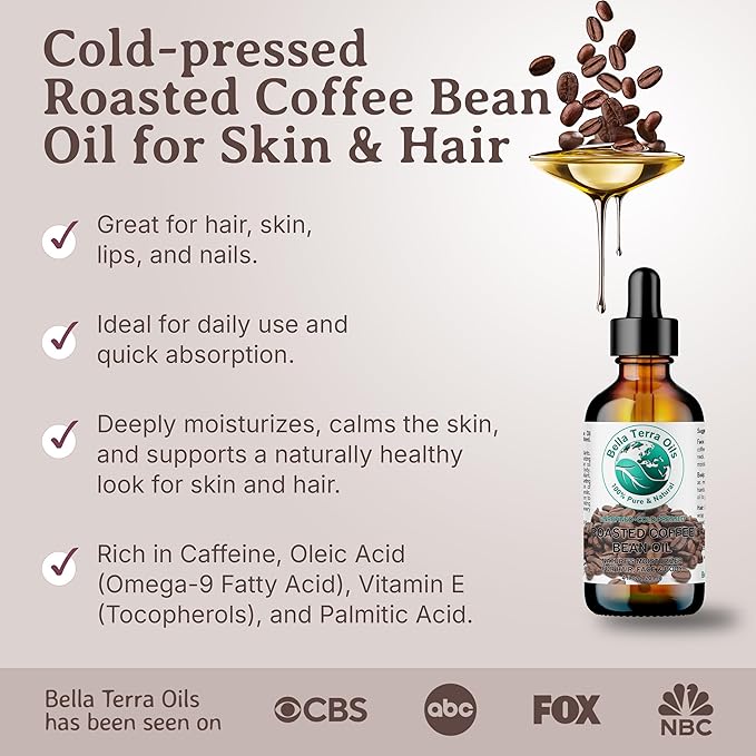 Bella Terra Oils - Roasted Coffee Bean Oil 4 oz - Dive into The Heart of Coffee Extract, Boosted with Essential Fatty Acids, A Luxurious Experience