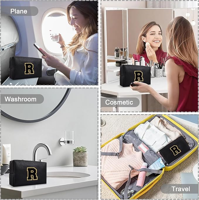 Small Travel Initial Preppy Makeup Bag, Personalized Black Cute Cosmetic Organizer Chenille Letter Toiltery Zipper Pouch for Purse, Waterproof Makeup Storage Gifts for Female Teacher Friend(Letter R)