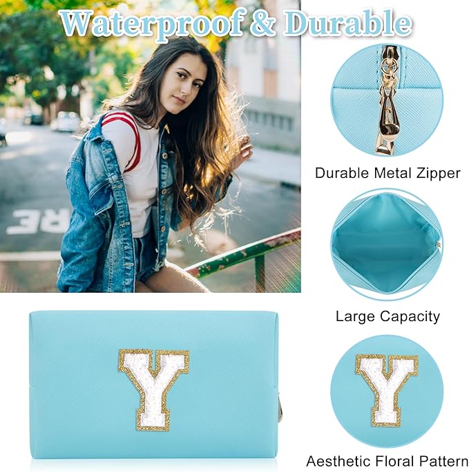 Personalized Initial Letter Patch Makeup Bag, Preppy Portable Chenille Letter Cosmetic Bag with Zipper, PU Leather Waterproof Travel Toiletry Bag Monogram Make Up Pouch for Women Girls