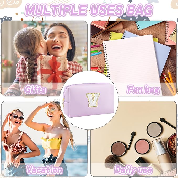 Gifts for Girls Initial Makeup Bag Personalized Cosmetic Bag with Zipper Cute Travel Toiletry Bag Waterproof PU Preppy Makeup Pouch Birthday Gift for Teen Girls Women(Purple V)