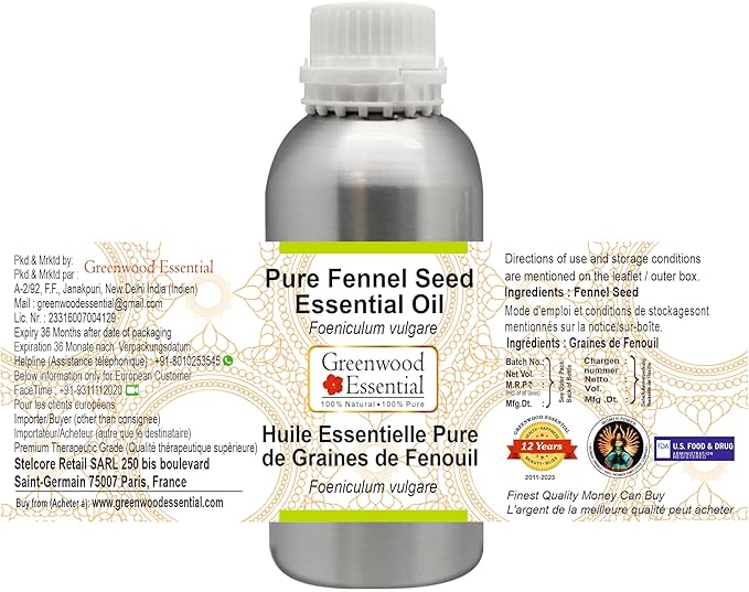 Greenwood Essential Pure Fennel Seed Essential Oil (Foeniculum vulgare) Steam Distilled 300ml (10.1 oz)