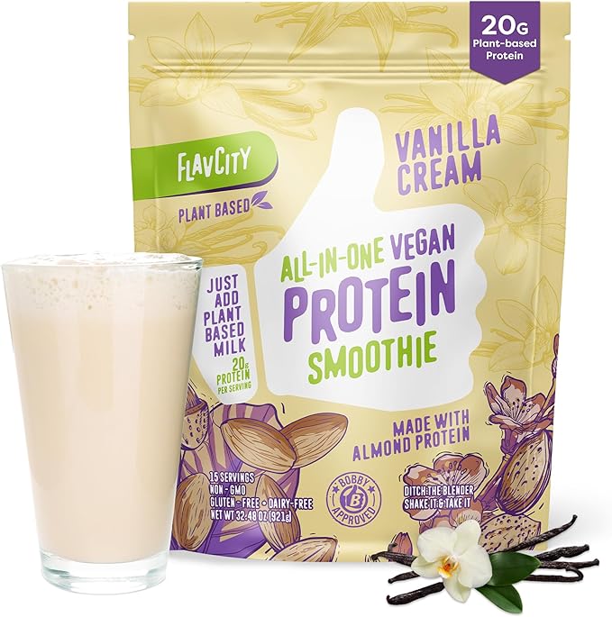 FlavCity All-in-One Vegan Protein Powder Smoothie, Vanilla - Plant-Based Pre-Workout Meal Replacement Shake for Women & Men Made with 20g of Almond Protein - Gluten Free & Dairy-Free