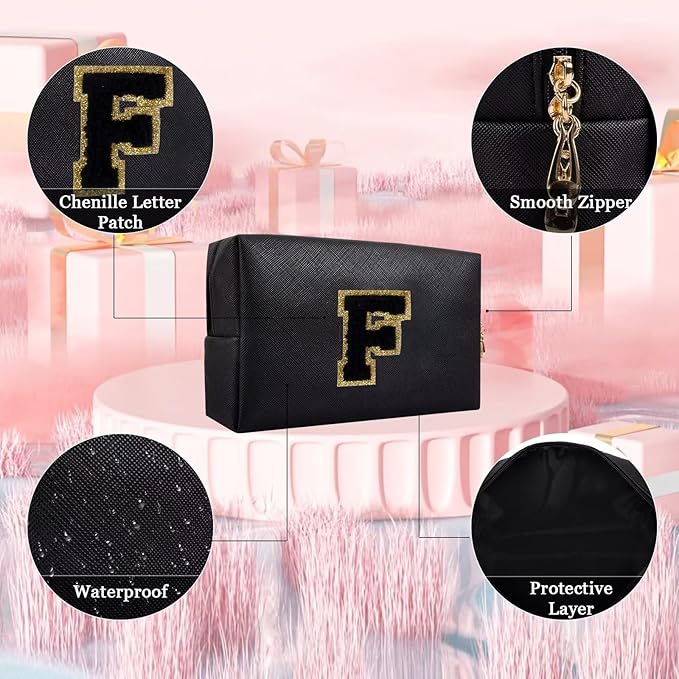 Small Personalized Letter Makeup Bag, Cute PU Leather Chenille Letters Cosmetic Bag Travel Makeup Pouch, Preppy Travel Organizer Zipper Pouch for Women&Girls（Black-F）