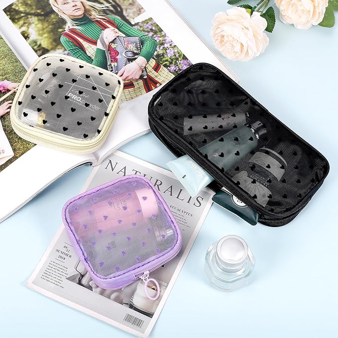 4 Pieces Mini Zipper Nylon Mesh Pouch, Mesh Cosmetic Bags Makeup Bags, Multipurpose Travel Toiletry Bags for Office Supplies and Travel Accessories (Heart Print-Purple, M)