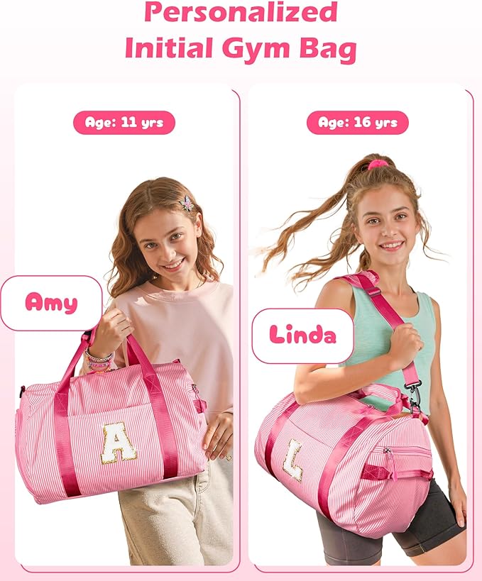 Teen Girl Gifts Trendy Stuff, Girls Travel Duffle Bag, Kids Initial Overnight Bags with Shoe Compartment, Personalized Weekend Bag with Makeup Pouch, Pink Gift for Teenager (Letter C)