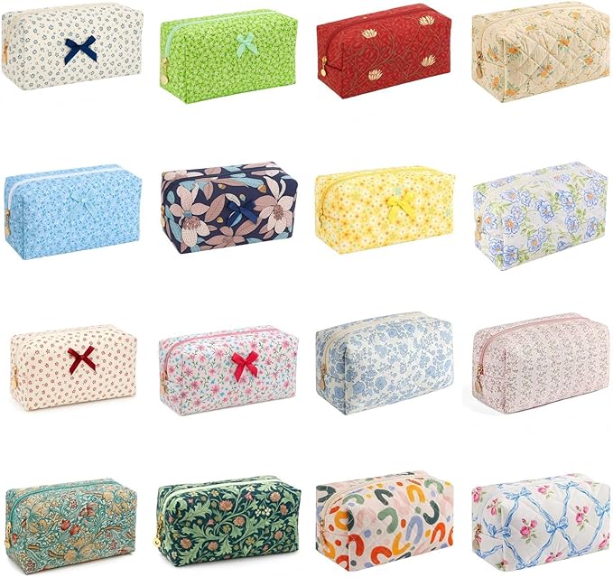Floral Cotton Makeup Brush Cosmetic Bag for Women, Travel Quilted Zipper Pouch, Large Capacity Flowers Toiletry Organizer, Kawaii Makeup Storage Case, Cosmetic Travel Cloth Bag-Blue Bow