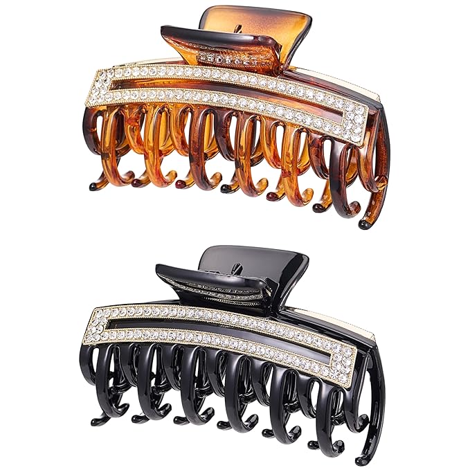 SINIDE Rhinestone Hair Claw Clips, Crystal Jaw Clip Nonslip Acrylic Claw Clips for Thick Long Hair, Fashion Elegant Clamps Accessories for Women Ladies Strong Hold Barrette for Styling (2 Pack)
