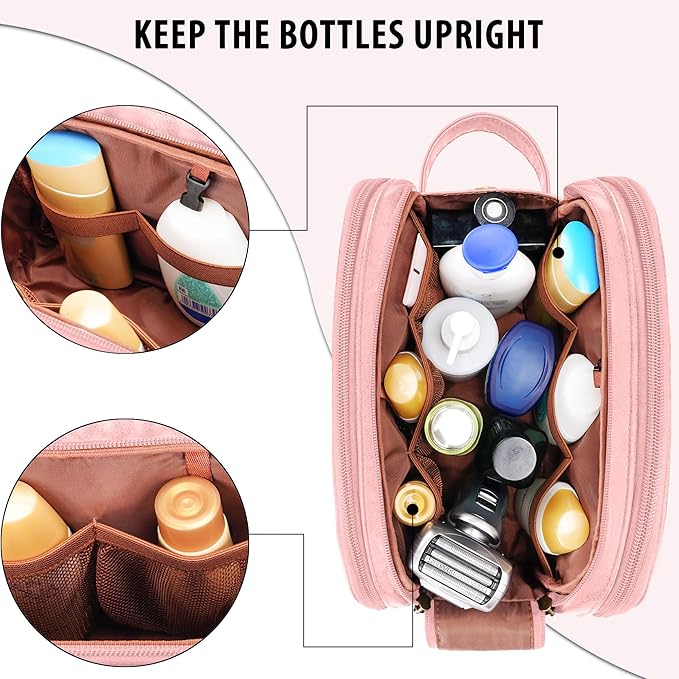 Travel Toiletry Bag for Women, Large Hanging Toiletries Organizer Bags for Men, Cruise Ship Essentials, Water-resistant Shaving Case, PU Leather Makeup Accessories, Cosmetic Dopp Kit, Pink