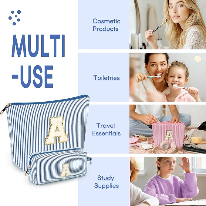 2 PCS Initial Makeup Bags for Women: Cosmetic Bag for Travel Toiletry - Birthday Gifts for 11 12 13 14 15 16 17 18 Years Old Girl Graduation Teacher Gift- Teen Girl Gifts Trendy Stuff - Blue C