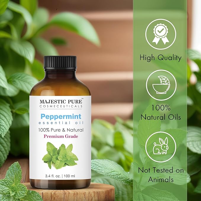 Majestic Pure Peppermint Essential Oil with Glass Dropper - 3.4 Fl Oz - 100% Pure and Natural Peppermint Oil - Premium Grade Essential Oils for Diffuser, Aromatherapy, Soap and Candle Making