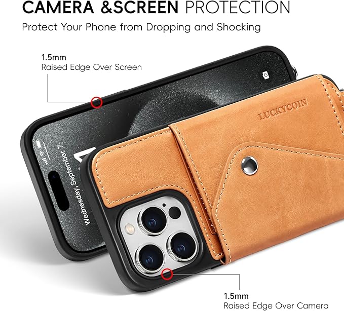 LUCKYCOIN Crossbody Wallet Phone Case for iPhone 15 Pro,100% Genuine Leather Wallet Phone Case with Expandable Flip Card Holder,Phone Purse for Women with Adjustable Removable Strap - Tan