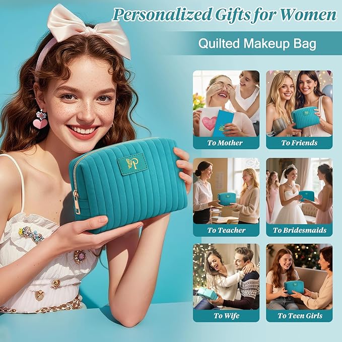 Monogrammed Make Up Bags for Women,Personalized Cosmetic Bags Women,Small Quilted Makeup Pouch,Cute Makeup Bag Travel,Birthday Gifts for Teen Girl (Blue P)
