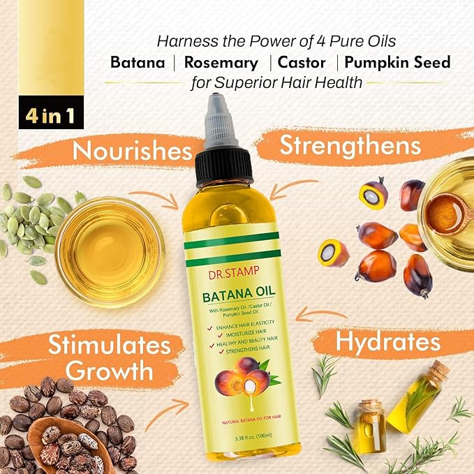 Batana Oil for Hair Growth & Scalp Care – 4-in-1 Liquid Batana Oil with Rosemary, Castor & Pumpkin Seed Oil – Strengthens, Moisturizes & Revitalizes Dry, Damaged Hair (2 Pack)