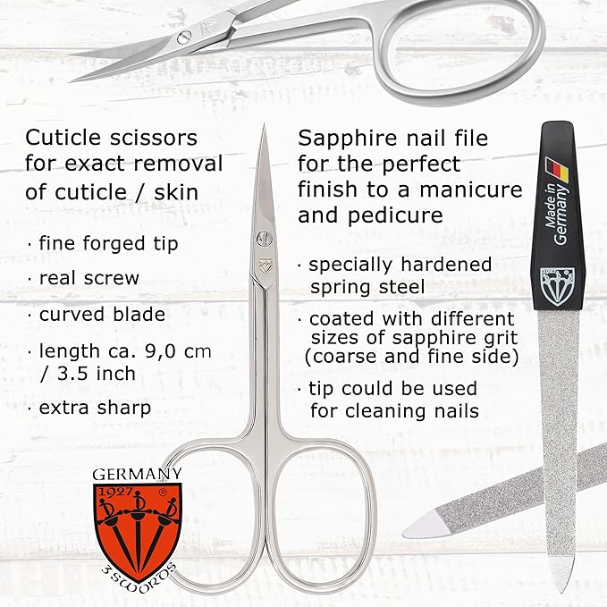 3 Swords Germany - Brand Quality 6 Piece Manicure Pedicure Grooming kit Set - Scissors, Metal and Glass Nail File, Clipper, Tweezers with Synthetic Leather case - White