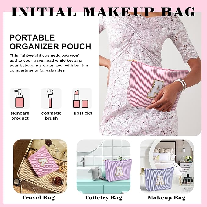 Travel Essentials - Portable Travel Makeup Bag Set for Women, Portable Initial Travel Toiletry Bag, Makeup Pouch Organizer Cosmetic Bag Birthday Gifts for Women, Pink Letter D