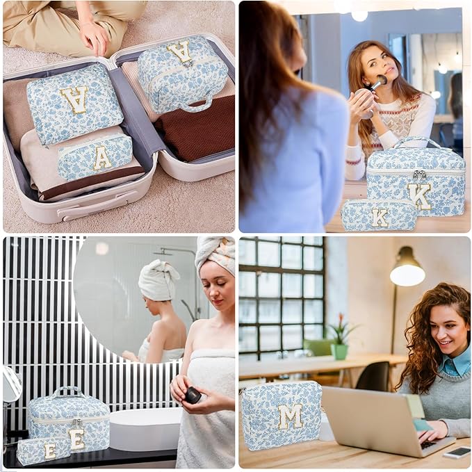 Initial Makeup Bag Set, Personalized Quilted Makeup Bag, Large Floral Cosmetic Bag for Women, Cute Cotton Custom Make up Bags, Flower Travel Toiletry Bag Teen Girl Gift Blue Flower K