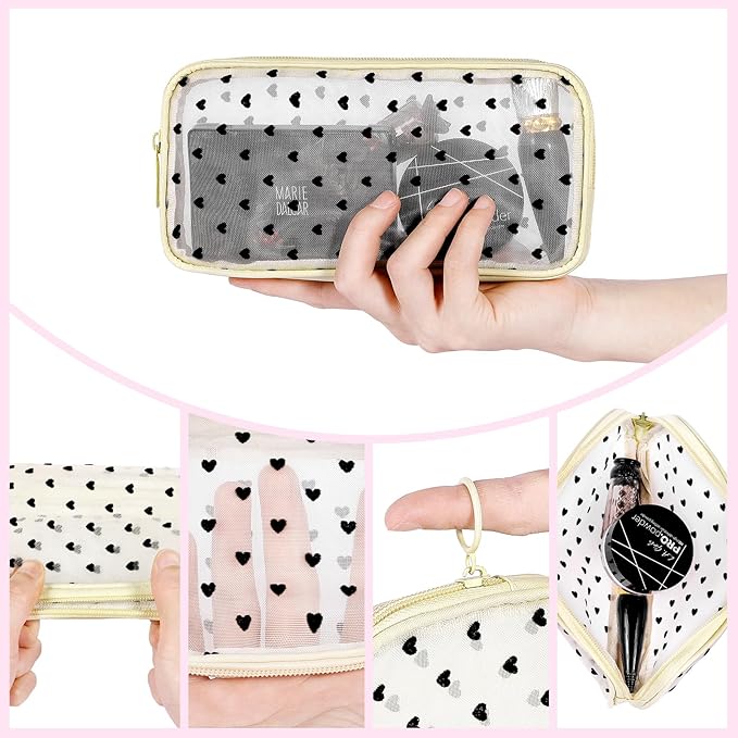 4 Pieces Mini Zipper Nylon Mesh Pouch, Mesh Cosmetic Bags Makeup Bags, Multipurpose Travel Toiletry Bags for Office Supplies and Travel Accessories (Heart Print-Purple, M)