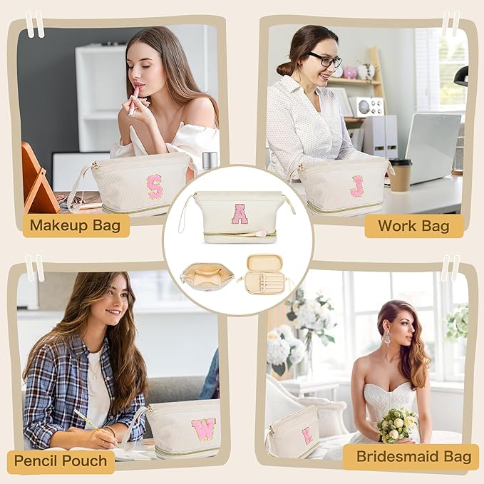 Makeup Bag for Girls Gift, Personalized Christmas Gifts Initial Women Makeup Bag for Travel, Double Layer Cosmetic Bag with Brush Organizer Preppy Make up Bag for Teen Girl Trendy - A