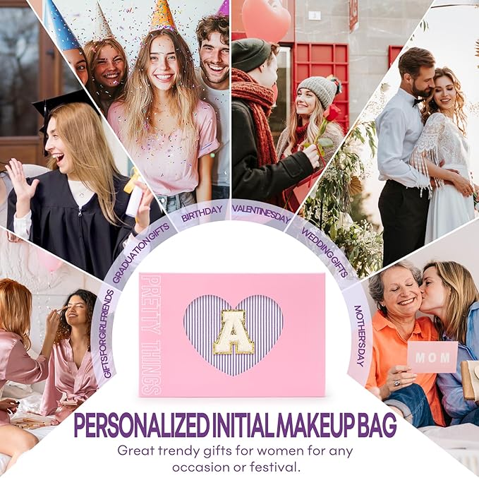 2 PCS Initial Makeup Bags for Women: Cosmetic Bag for Travel Toiletry - Birthday Gifts for 11 12 13 14 15 16 17 18 Years Old Girl Graduation Teacher Gift- Teen Girl Gifts Trendy Stuff - Purple S