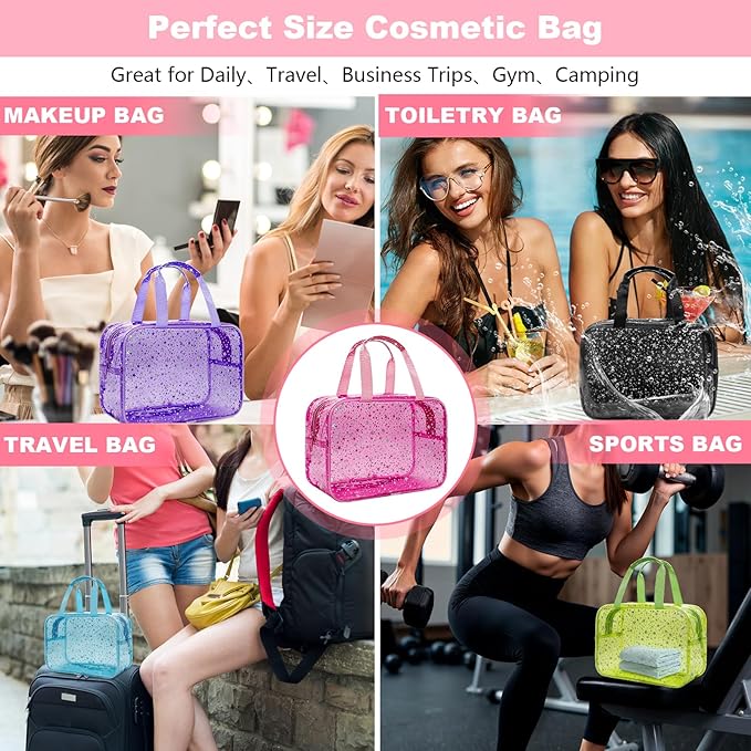 Clear Yellow Star Large Makeup Bag with Star Pattern 12x5x8 inch, Travel Cosmetic Bag with Handle, Durable PVC Material Washbag Zipper Opening Design for Makeup Travel Organizer or Gym Use