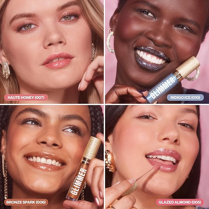 REVLON Super Lustrous Glimmer Gloss, Non-Sticky Lip Gloss, High-Shine Finish, Plant-Based Glitter, 004 Happy Hour, 0.13 fl oz