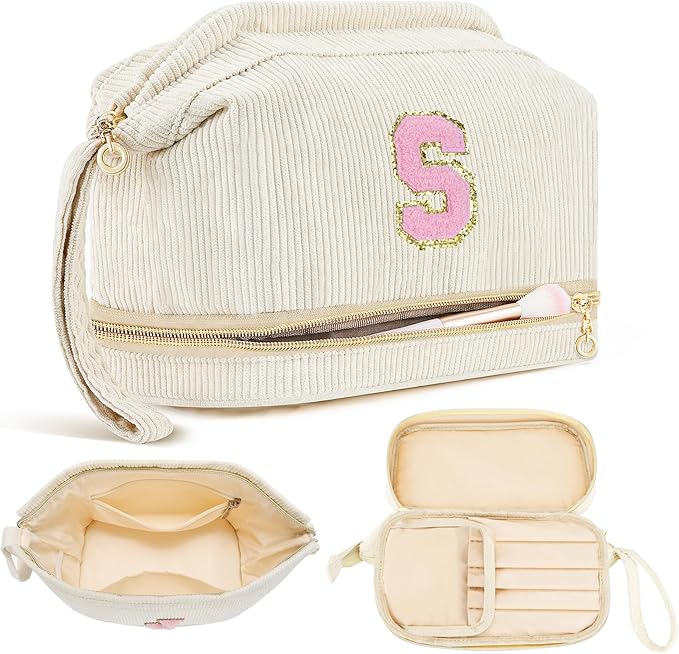 Makeup Bag for Girls Gift, Personalized Christmas Gifts Initial Women Makeup Bag for Travel, Double Layer Cosmetic Bag with Brush Organizer Preppy Make up Bag for Teen Girl Trendy - S