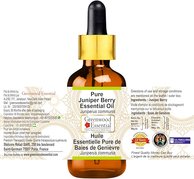 Greenwood Essential Pure Juniper Berry Essential Oil (Juniperus communis) with Glass Dropper Steam Distilled 30ml (1.01 oz)