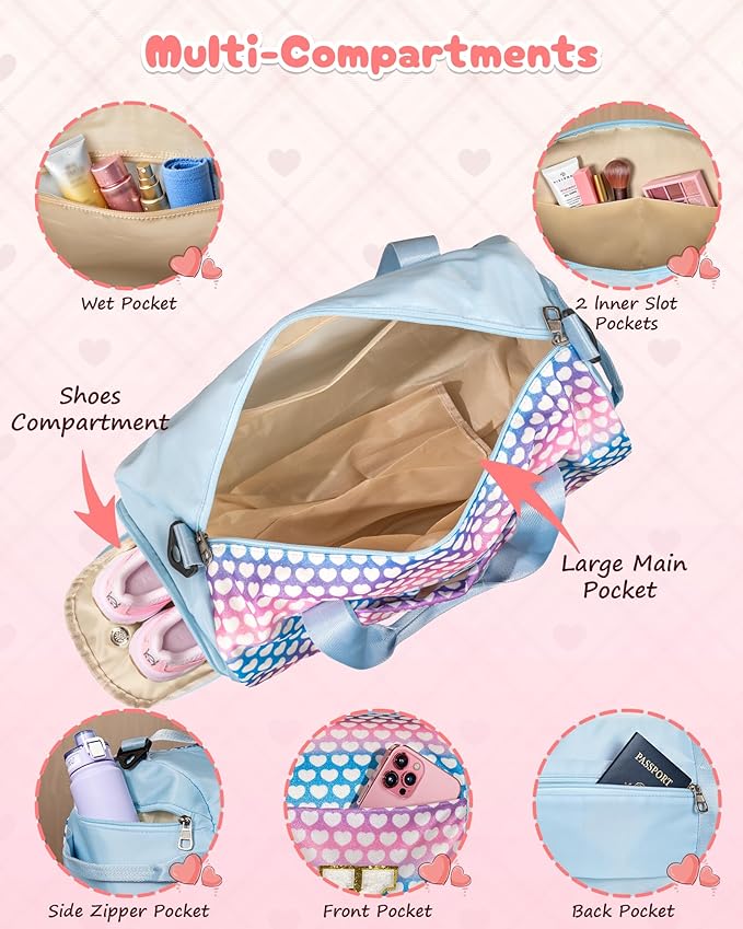 Teen Girl Gifts Trendy Stuff, Girls Travel Duffel Bag, Kids Initial Overnight Bags with Shoe Compartment, Initial Duffle Bag with Makeup Pouch, Teenager Birthday Gift (Letter L)