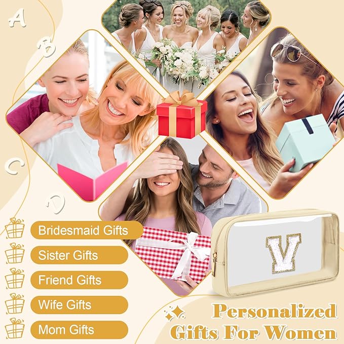 Personalized Initial Letter Clear Makeup Bag,Preppy Small Nylon&PVC Cosmetic Zipper Bag with Chenille Letter,Portable Beach Travel Skincare Toiletry Bag,Trendy Monogram Gift for Teen Girls Women,V