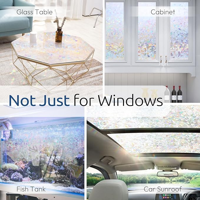 rabbitgoo Window Privacy Film Rainbow Film Decorative Window Sticker, 3D Static Stained Glass Cling Tint for Home Heat Control Non-Adhesive, 29.5 x 118.1 inches