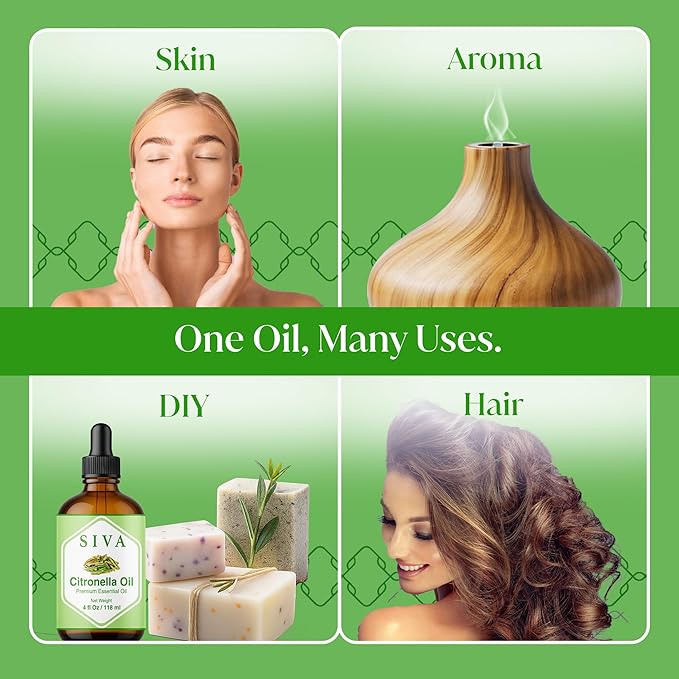 Siva Citronella Essential Oil - 4 Fl Oz – 100% Natural Citronella Oil - for Diffuser, Face, Skin Care, Aromatherapy, Hair Care, Scalp and Body Massage - with Dropper