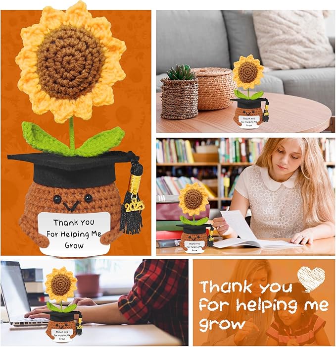 Teacher Appreciation Gifts, Handmade Crochet Sunflower Teacher Gifts, Thank You for Helping Me Grow, Daycare Teacher Appreciation Gifts for Women Men, End of Year Graduation Teacher Gifts (3)