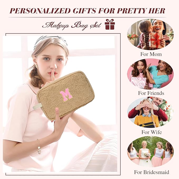 for Christmas Day Gifts, Personalized Initial Cosmetic Bag Pouch for Teen Girls, Preppy Makeup Travel Bags for Daughter Sister Girlfriend, Monogramed Make Up Pouch for Birthday Gifts - Brown Q