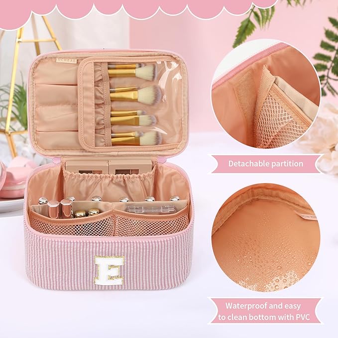 OCHEAL Makeup Bag for Women, Monogram Cosmetic Bag with Brush Holder, Pink Travel Makeup Case Beauty Toiletry Bag Organizer Personalized Gifts for Girls Bridesmaid, Sister, Wife, Friends Initial E