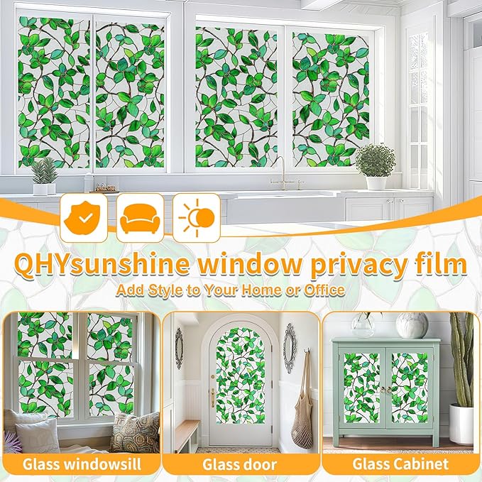 Window Privacy Film Stained Glass Window Film Frosted Window Film Window clings Non-Adhesive Reusable Decorative for Home Removable (Green Frosted, 35.4 X 157.4 in)
